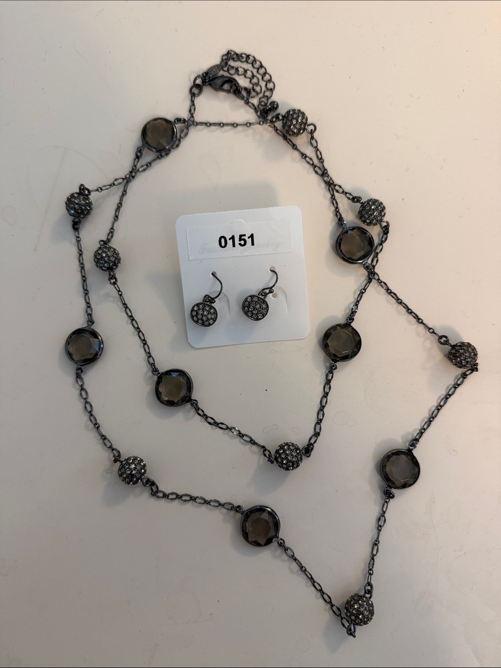 🌹 Round Pavé Drop Earrings & Necklace set in Black with Smokey Stones #0151